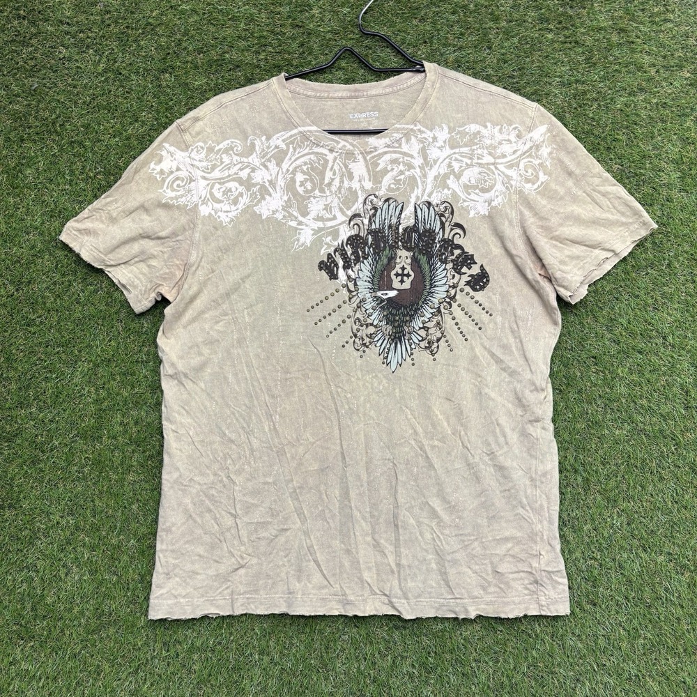 Y2K Express Shirt Mens Medium Renegades New York Short Sleeve Grunge Beige